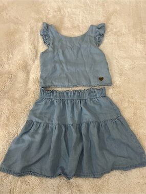 Light Blue Ruffle Sleeve Crop Top & Skirt Set - Kids Dress